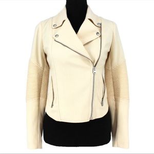 Aritzia Wilfred crepe moto jacket in cream.